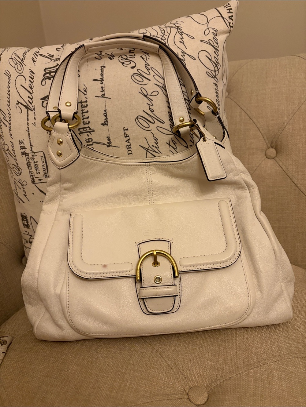Coach White Leather Shoulder Bag with Gold Buckle